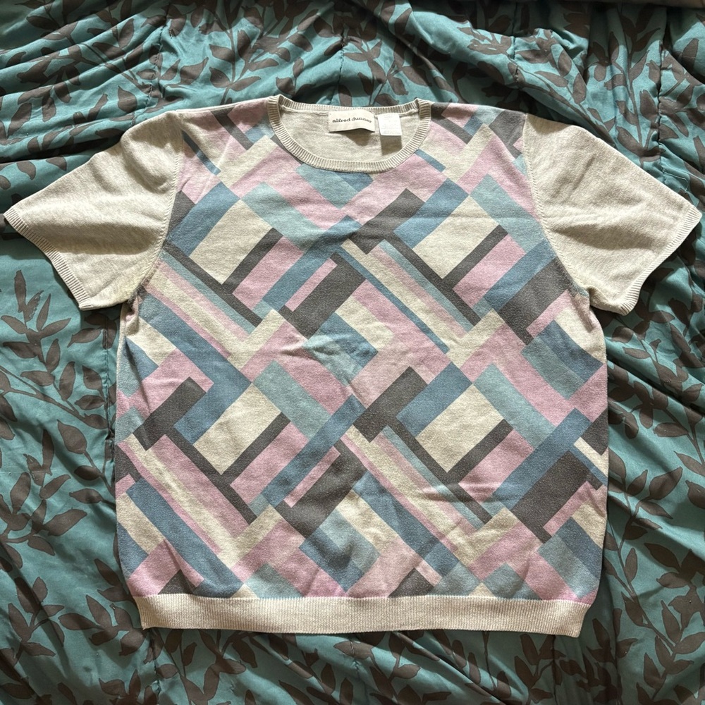 Alfred Dunner Vintage Gray Blue Short Sleeve Knit Top Geometric Pattern Large